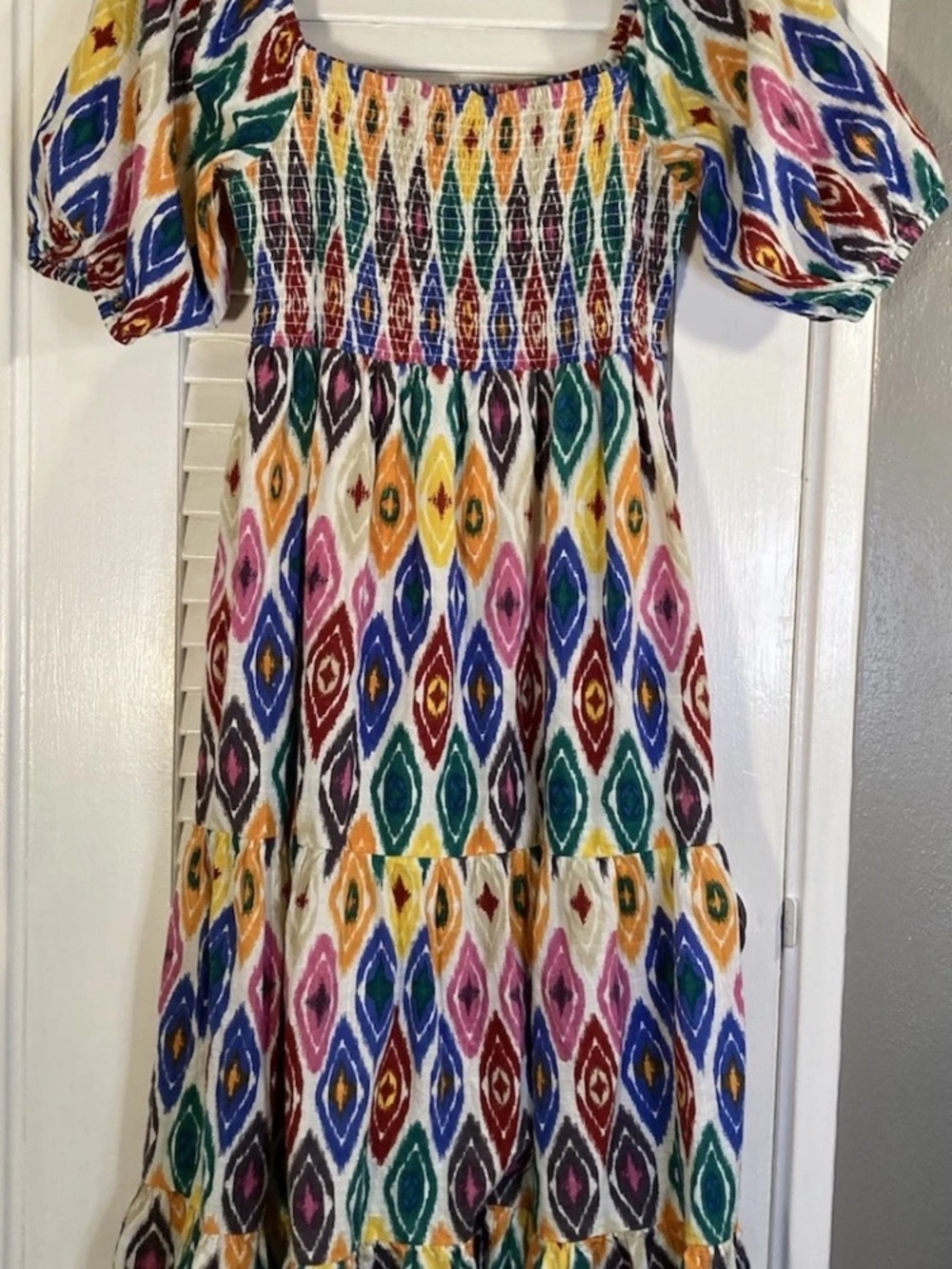 Multicolor Smocked Maxi Dress with Puff Sleeves